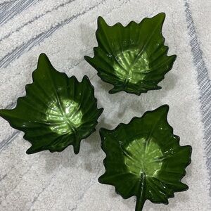 Three (3) Hand Painted Pearlescent Glass Leaf Bowl/Candle Holders in Green